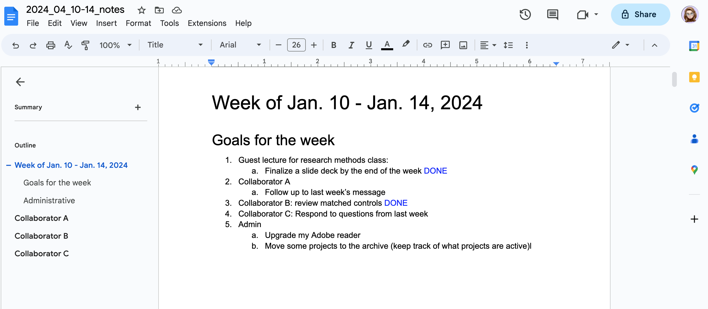 Weekly notes template