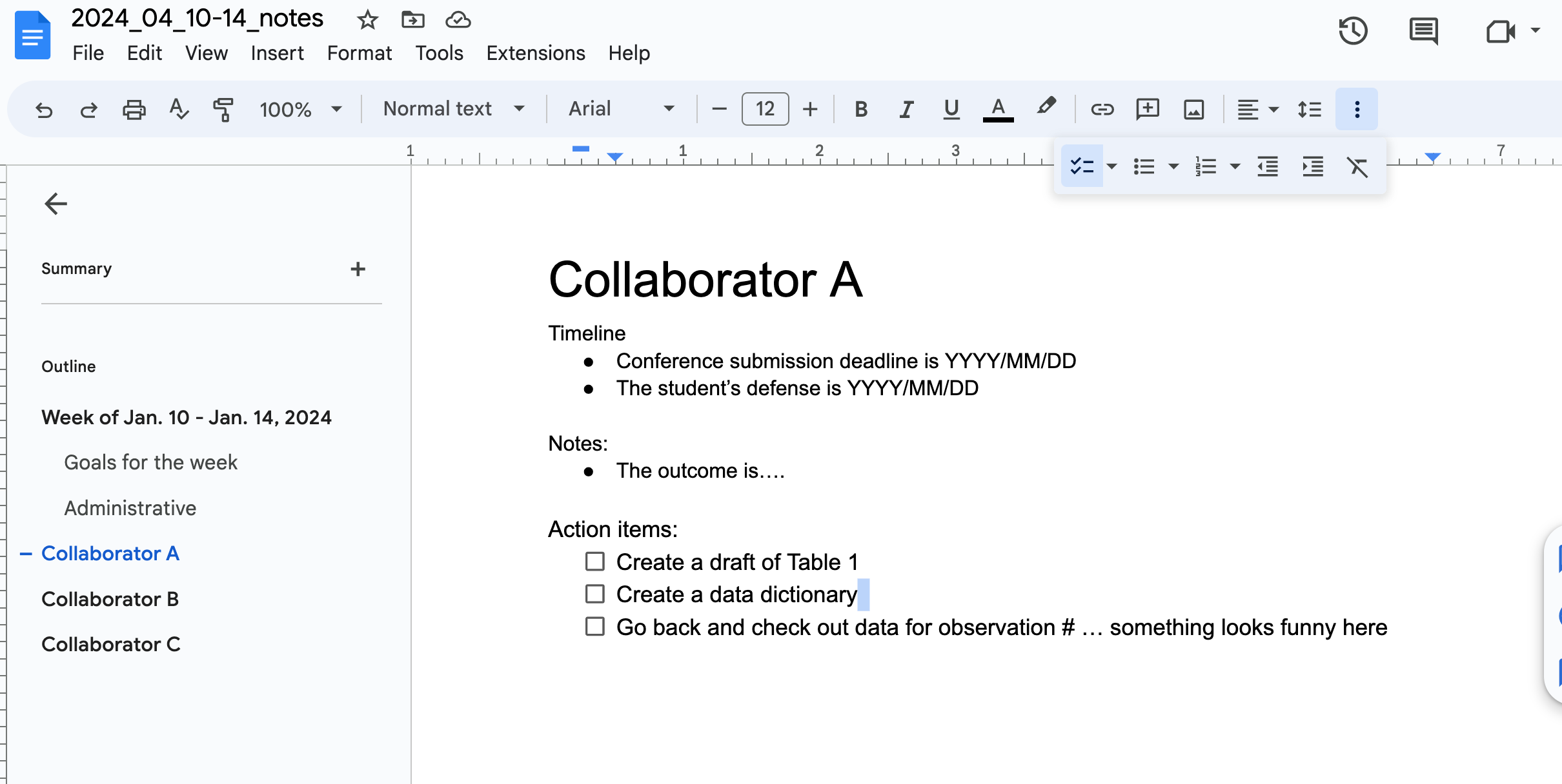 Detail notes for a specific collaborator